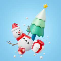 3d Christmas tree with snowman, gift box, star, ball. Element of Merry Christmas and New year concept. Special promotion of marketing. Holiday icon cartoon minimal smooth. 3d render. Clipping path.
