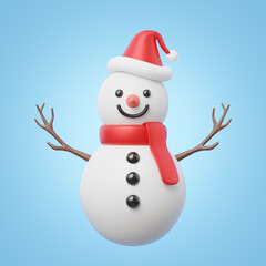 3d Snowman wearing a red muffler and santa hat floating isolated on blue background. Element of Merry Christmas and New year concept. Cartoon icon minimal smooth. 3d rendering with clipping path.