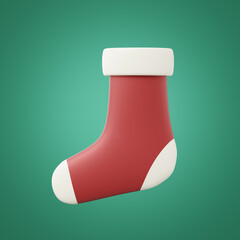 3d Red christmas sock with white border floating isolated on green background. Element of Merry Christmas and New year concept. Cartoon icon minimal smooth. 3d rendering with clipping path.