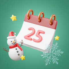 Christmas day icon. Calendar date 25 with snowman, snowflakes, star, floating isolated on green. Scheduled holiday plan. Element of Merry Christmas. Cartoon minimal smooth. 3d rendering. clipping path