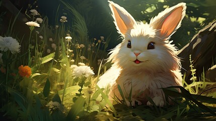 Fluffy Rabbit Resting in Lush Green Meadow - obrazy, fototapety, plakaty