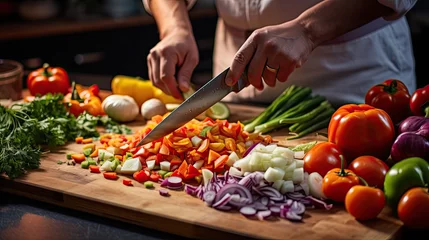 Fotobehang Chef Expertly Chopping Vegetables in Busy Kitchen © Creda