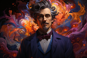 Fototapeta premium wizard, magician, sorcerer. fantasy character. portrait of a man with a mustache and curly beard, illustration in orange-purple tones.