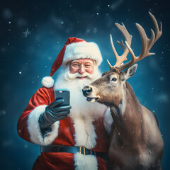 Portrait of Santa Claus in a red costume and a deer taking a selfie. Minimal funny New Year's concept. Pastel blue background