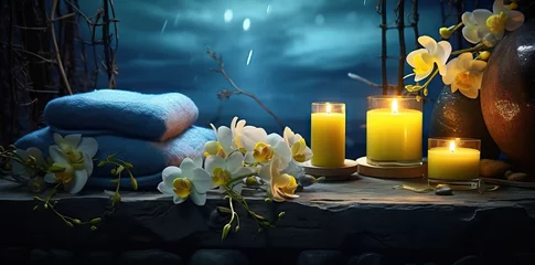 Foto op geborsteld aluminium Massagesalon Burning candles, stones and towel on massage table in spa salon. AI generated image