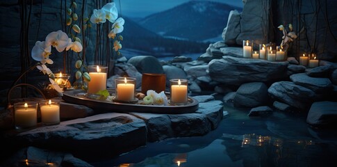 Burning candles, stones and towel on massage table in spa salon. AI generated image