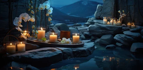 Foto op Plexiglas Massagesalon Burning candles, stones and towel on massage table in spa salon. AI generated image