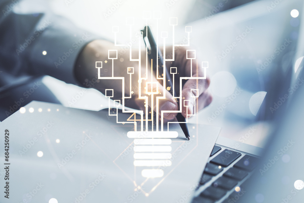 Aufkleber Creative light bulb with chip hologram and hand writing in notepad on background with laptop, artificial Intelligence and neural networks concept. Multiexposure