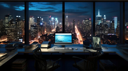Fototapeta na wymiar Shot of the Businessman Desk and Desktop Computer. Stylish Office Studio with Dimmed Light and Big Cityscape Window View