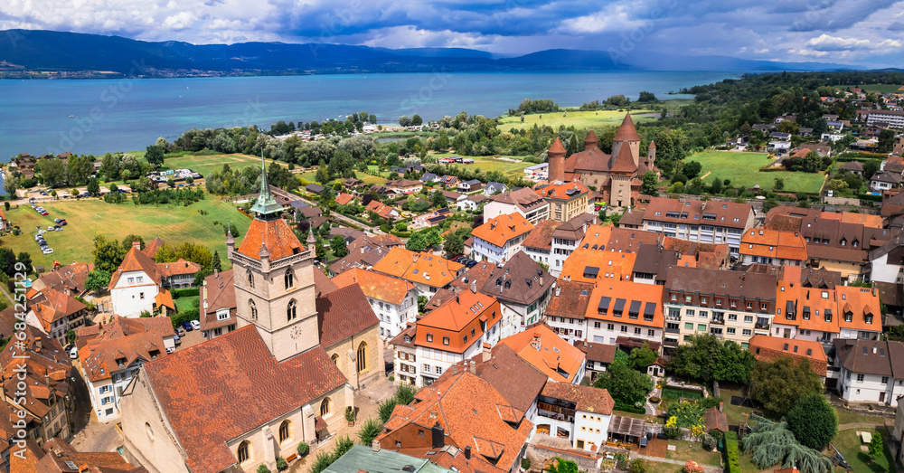 Poster switzerland scenic places. estavayer-le-lac - charming traditional village, lake neuchatel. aerial d