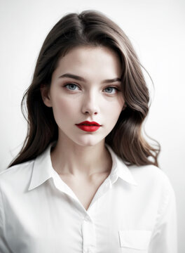ritratto di giovane affascinante ragazza, capelli bruni lunghi, rossetto rosso e camicia bianca