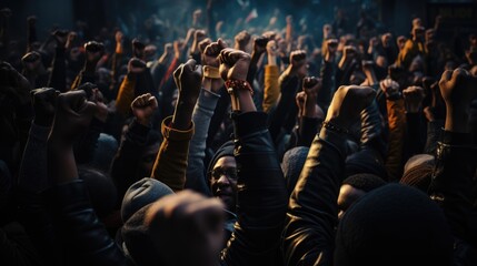 black race activist with raised fists, creating a strong sense of solidarity and determination, black History Month - obrazy, fototapety, plakaty