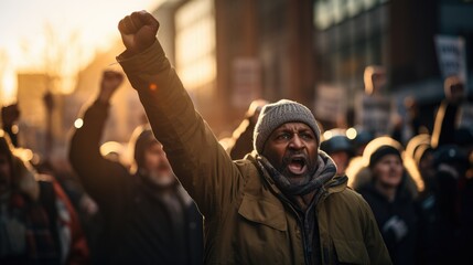 black race activist with raised fists, creating a strong sense of solidarity and determination, black History Month