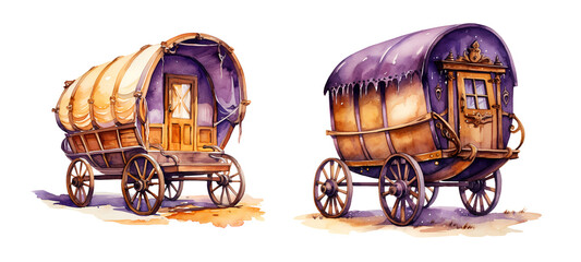 A Gypsy Caravan, watercolor clipart illustration with isolated background