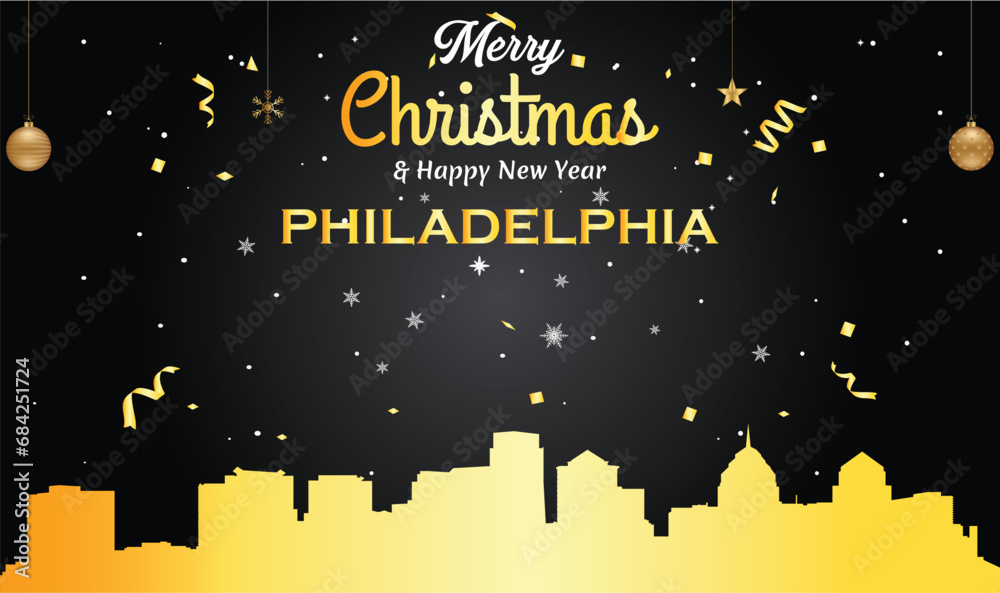 Wall mural christmas and new year black greeting card with golden panorama of the city of philadelphia, pennsyl