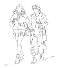 2 young women wearing warm clothes and long gaiters, holding coffee or tea. Right one holding card. Continuous line drawing. Black and white vector illustration in line art style.