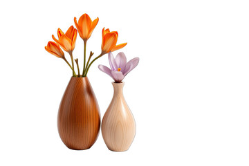 Beautiful Crocus Flower In Flower Vase Shiny Lacquered Brown Wood On Transparent Background