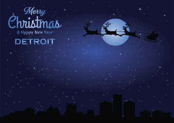 Christmas and New year dark blue greeting card with Santa Claus silhouette and black panorama of the city of Detroit, Michigan - US State