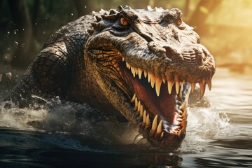 An aggressive crocodile with an open mouth jumps out of the water. The muzzle of a hunting crocodile in the river. A predatory, waterfowl animal.