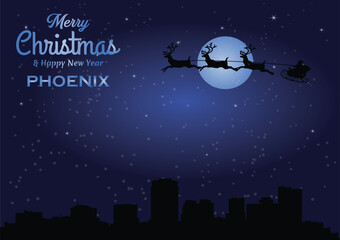 Christmas and New year dark blue greeting card with Santa Claus silhouette and black panorama of the city of Phoenix, Arizona - US State