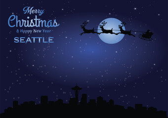 Christmas and New year dark blue greeting card with Santa Claus silhouette and black panorama of the city of Seattle, Washington - US State