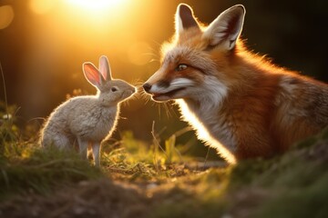 A red fox next to a white hare in nature, in sunlight. Close-up. Side view. - obrazy, fototapety, plakaty