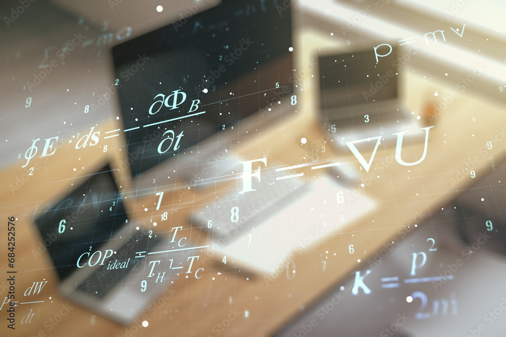 Poster creative scientific formula concept and modern desktop with computer on background. multiexposure