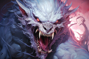 a werewolf with an open mouth full of fangs. evil fantastic creature that looks like a wolf. colorful illustration.