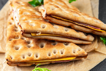 sandwich cheese ham meat plate snack fast food eating cooking appetizer meal food snack on the table copy space food background rustic top view