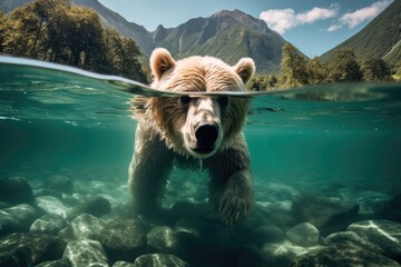 A brown bear swims under the water of a clear mountain river