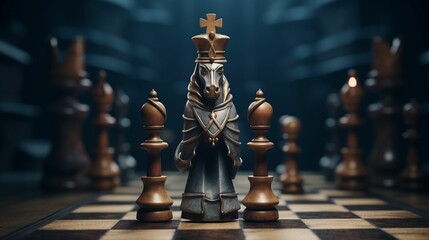 AI-generated illustration of a chess set featuring detailed pieces and figures with a unique design