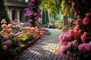 Fototapeta na wymiar Path in the garden, beautiful flowers on the both sides