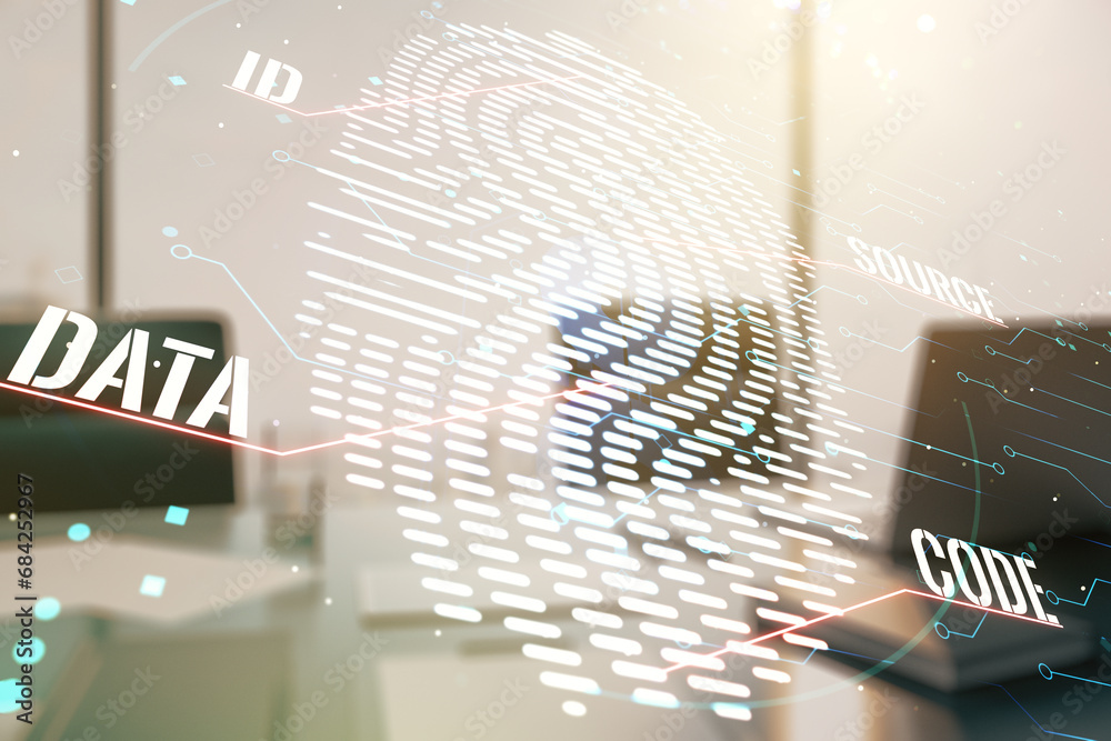 Leinwandbilder multi exposure of abstract creative fingerprint illustration and modern desktop with computer on bac
