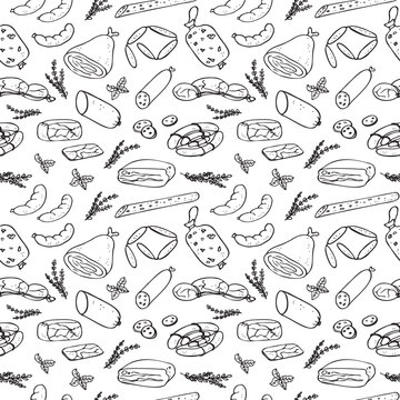 Smoked meat sausages seamless pattern hand drawn vector illustration.Different kind sausages products repeating background with bacon, sausages, pastrami, salami. Tasty meal, delicious snacks butchery