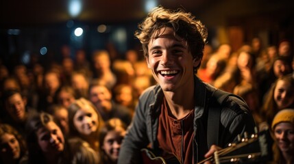 A young man joyfully plays an acoustic guitar in front of an audience, radiating happiness and musical talent. - obrazy, fototapety, plakaty