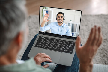 Senior Man Using Laptop, Have Video Call With Consultant