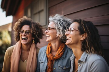 Cheerful group of diverse female celebrate their friendship and healthy lifestyle while  women laughing together.