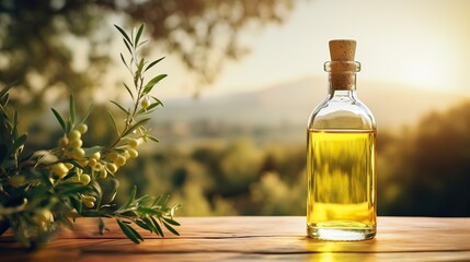 Olive oil and berries are on the wooden table under the olive tree.