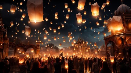 People celebrate New Year's Eve with lanterns. Generate AI  - obrazy, fototapety, plakaty