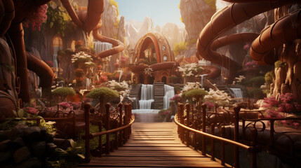 Enchanting Chocolate Factory with chocolate waterfalls and magical cocoa bean gardens - obrazy, fototapety, plakaty