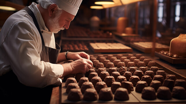 Skilled artisans in a Chocolate Factory handcrafting truffles, surrounded by the rich aroma of cocoa