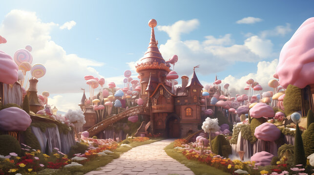  Whimsical Chocolate Factory, where candy gardens bloom with marshmallow flowers, and a chocolate river flows beneath a sky of spun sugar