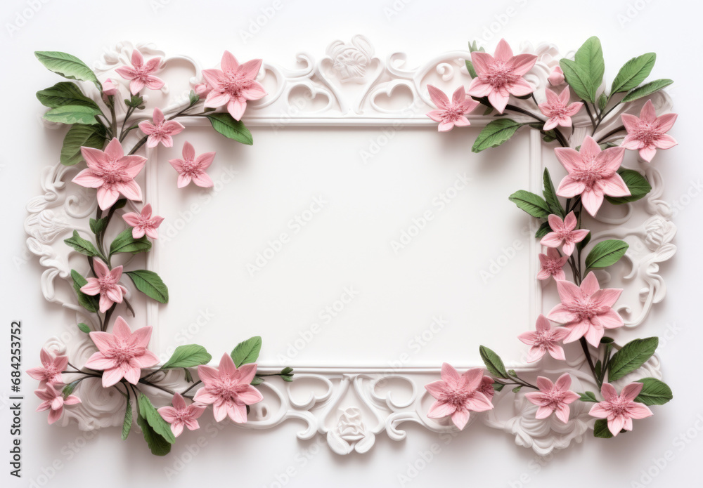 Wall mural Frame with paper flowers on white background. Cut from paper. Place your text.