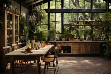 Stylish and botany interior of dining room with design craft wooden table, chairs, a lof of plants,...