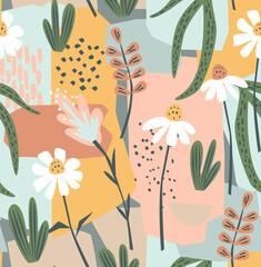 Obraz premium abstract modern floral botanical artsy seamless pattern with coneflowers, cacti and abstract brush strokes, vector illustration repeat texture