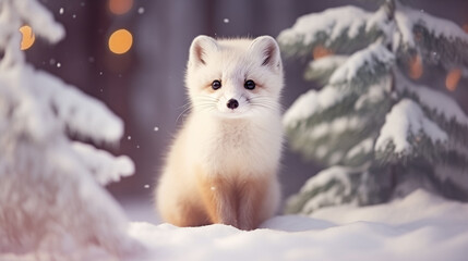 Cute littke arctic fox animal portrait, winter and snowy landscape, winter forest and snowy trees, natural environment, Christmas Hollydays, 