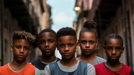 A group of young black boys standing in an alley. - obrazy, fototapety, plakaty
