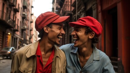 Obraz premium Two men wearing red hats share a joyful moment as they laugh together on the street.