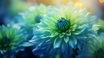A blue-green chrysanthemum blossom close-up is seen on a vibrant summer-spring background.