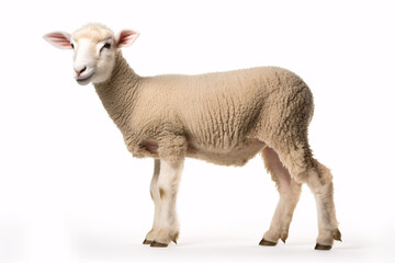 A lamb, symbolizing innocence and sacrifice, stands alone against a white backdrop, gazing at the camera.